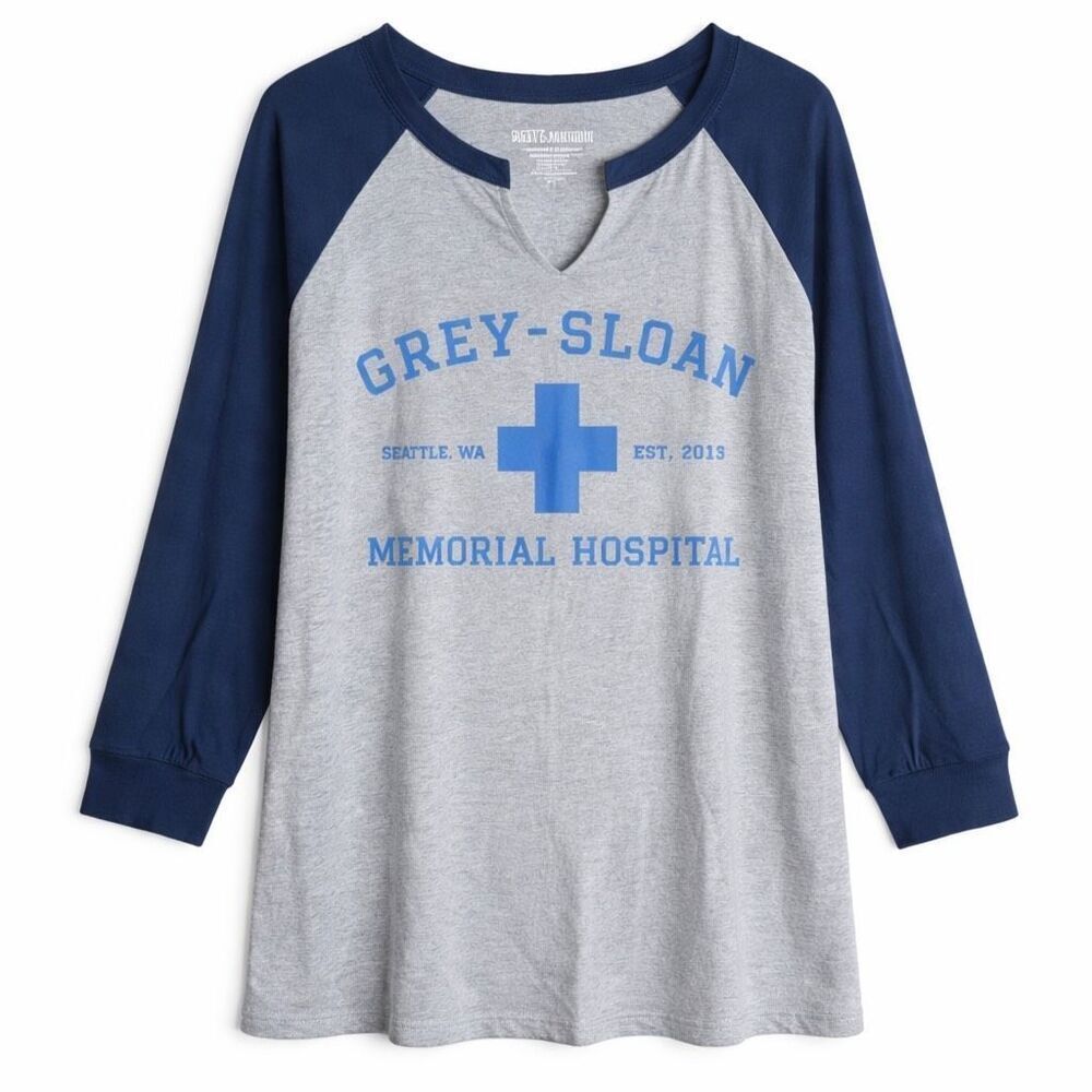 Grey’s Anatomy Grey Sloan Raglan Tee Gray Blue Graphic Shirt Women Plus Size 6X
